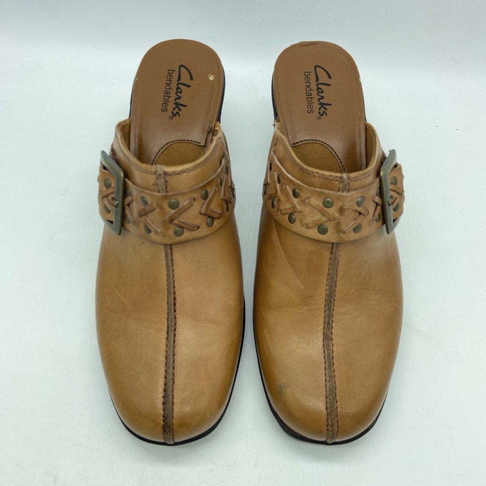 Clarks Bendables Clogs Shoes Women 7.5 Mule Brown Leather Slip On Casual Heels - Picture 4 of 16